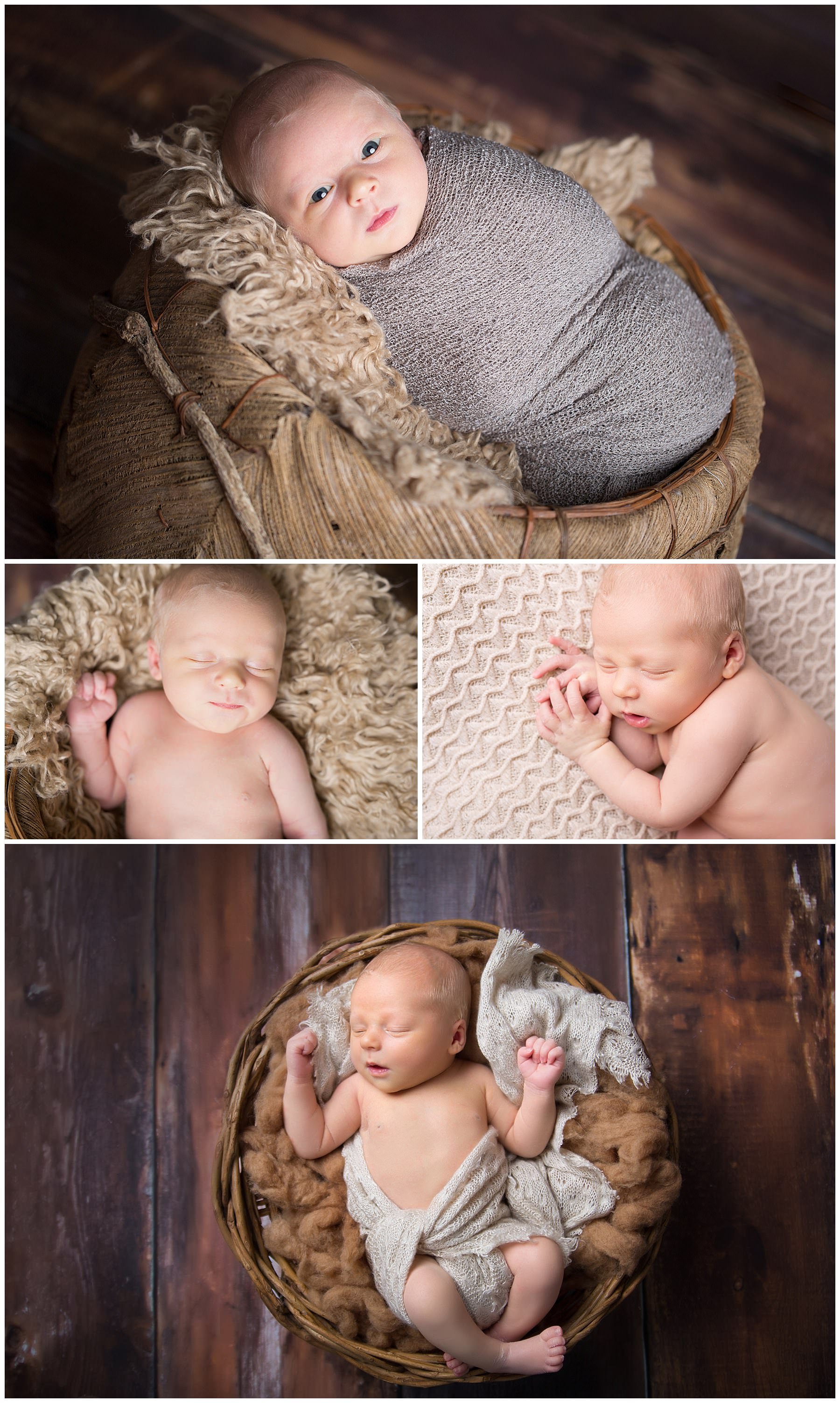 newborn photography newborn baby boy collage swaddled laying on curly brown blanket and wool wood flooring