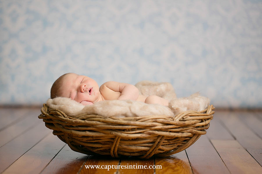Kansas City Golf Newborn Photography newborn laying in brown fluffy texture in front of blue damask backdrop