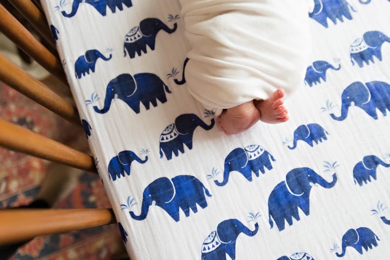 newborn feet on elephant sheet