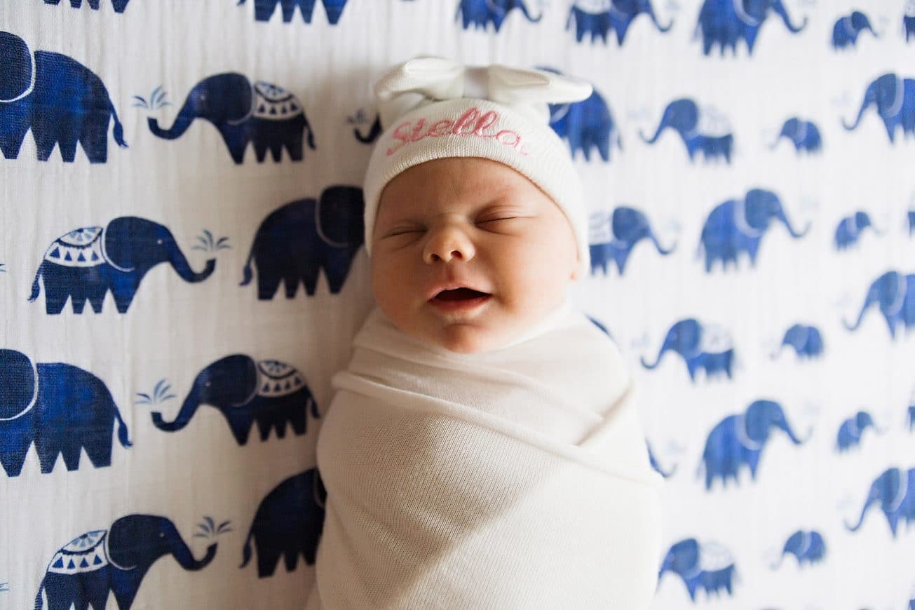 newborn on an elephant sheet