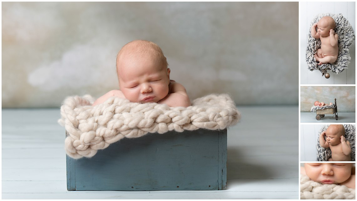Newborn Photo Shoot in Kansas City newborn photoshoot baby in box blue tones collage