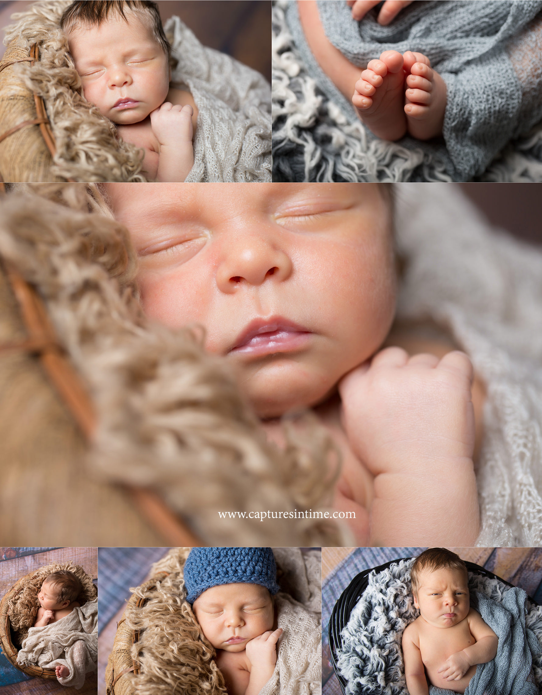 kansas city newborn pictures newborn collage with toes and funny face on fur rug