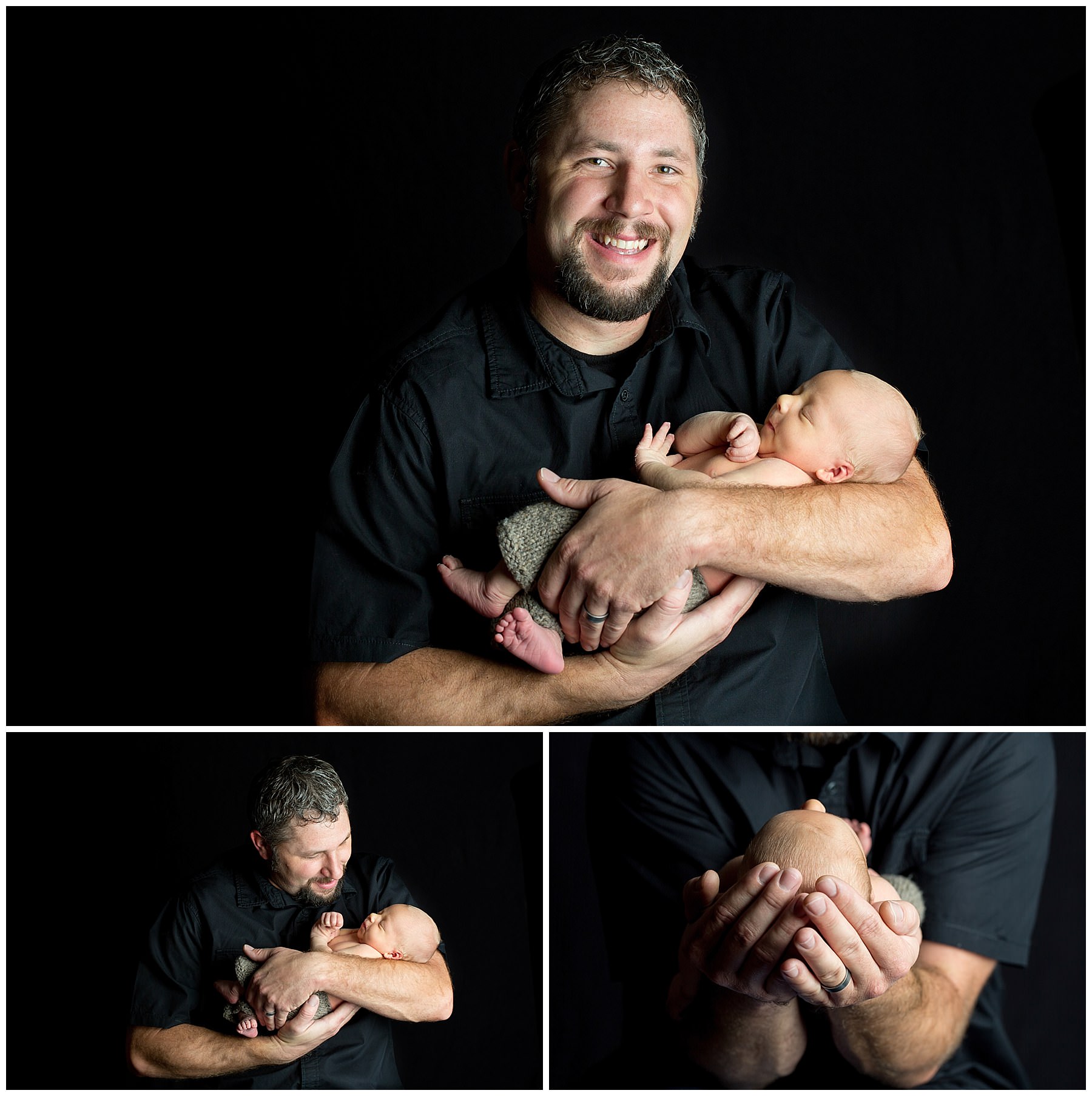 newborn photography dad with curly hair holding his newborn baby