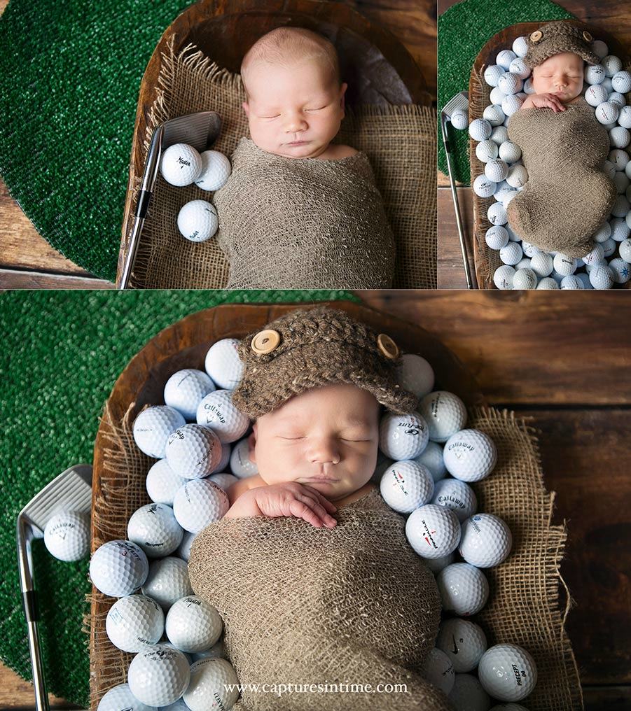 Kansas City Golf Newborn Photography Golf Newborn laying in golf balls with putting green and putter