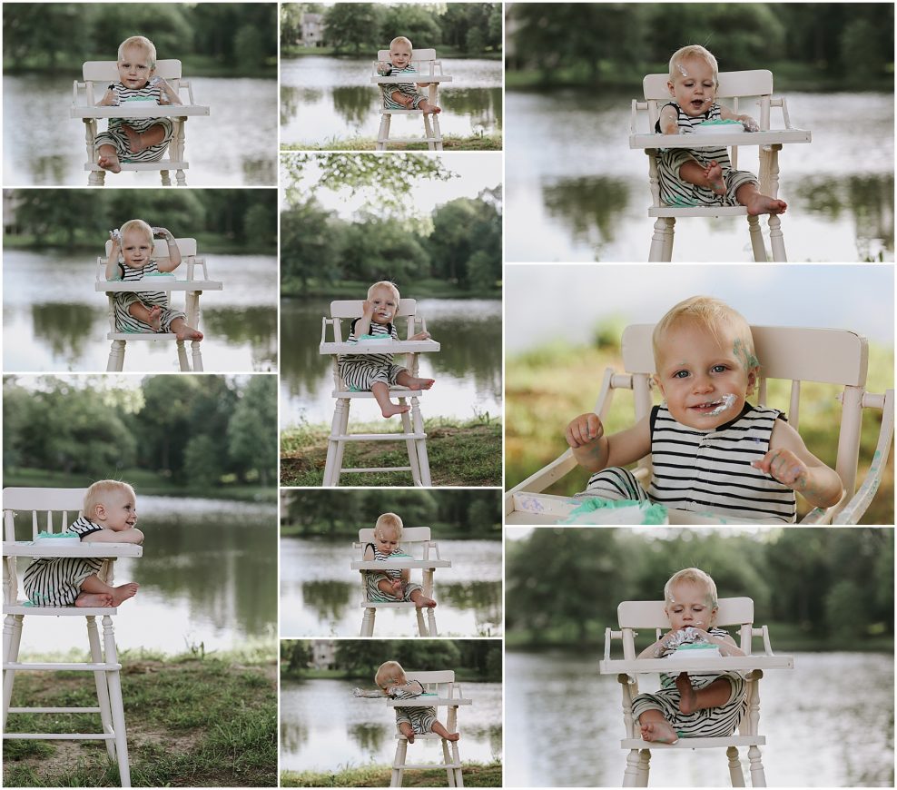outdoor one year shoot little boy eating cake