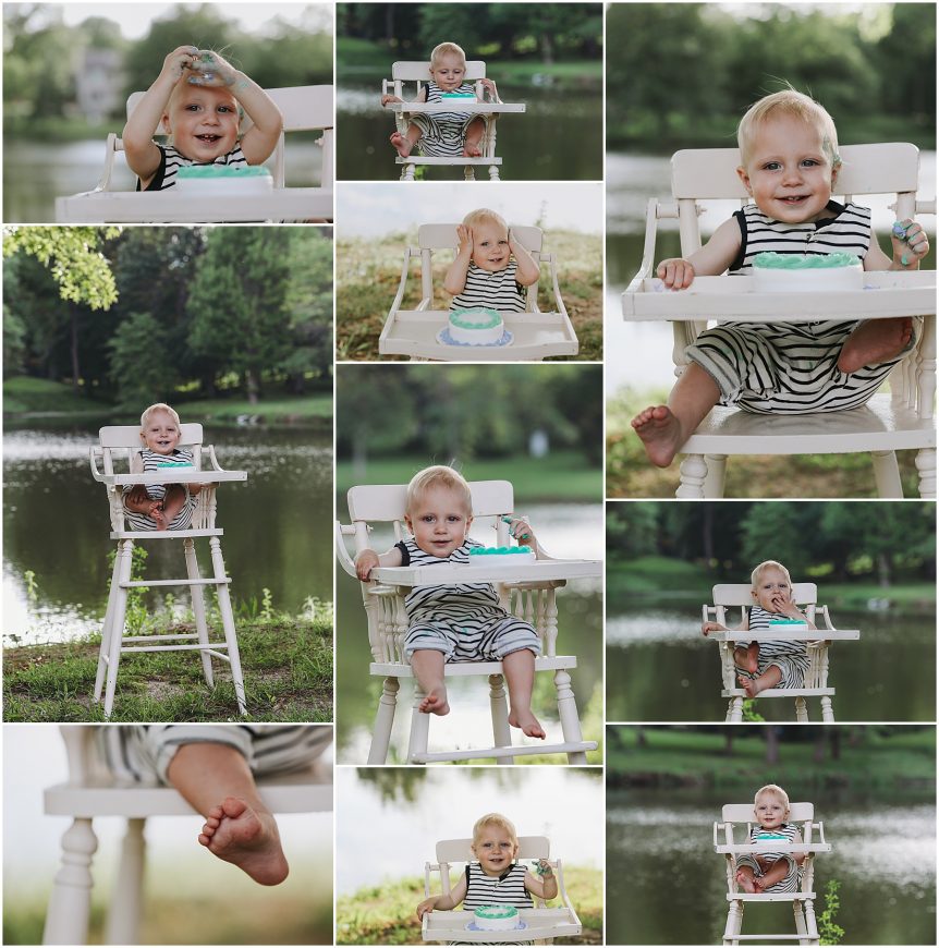 outdoor one year shoot little boy eating cake by pond