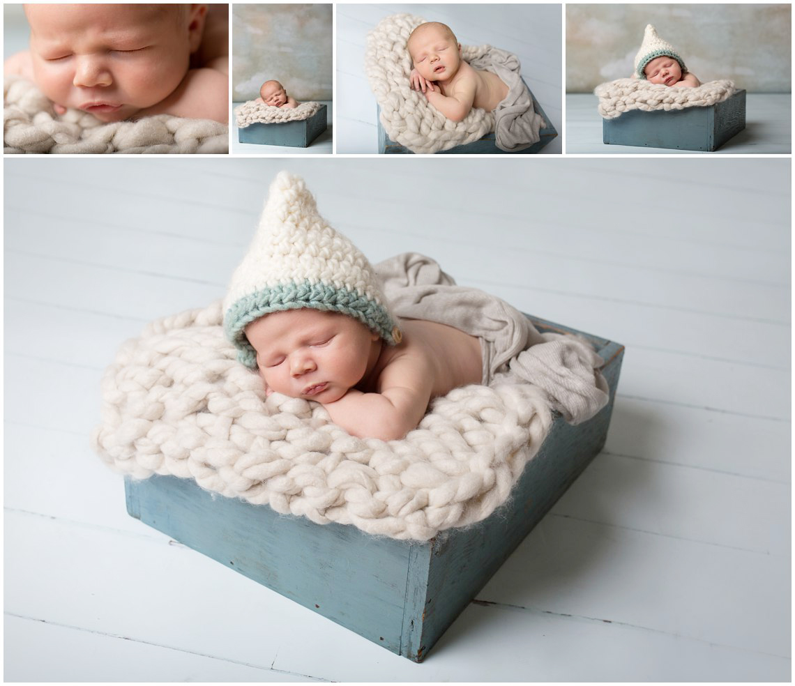 Newborn Photo Shoot in Kansas City newborn photoshoot collage elf hat macro baby laying on wool cream blanket